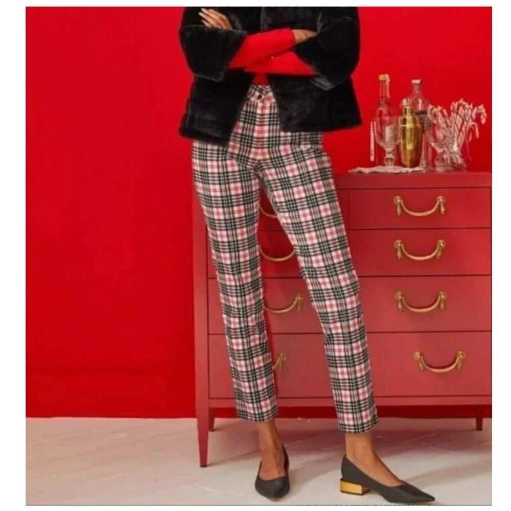 J.McLaughlin Velvet Yara Pant Winthrop Plaid Cream Black Red Office Size 6 NEW